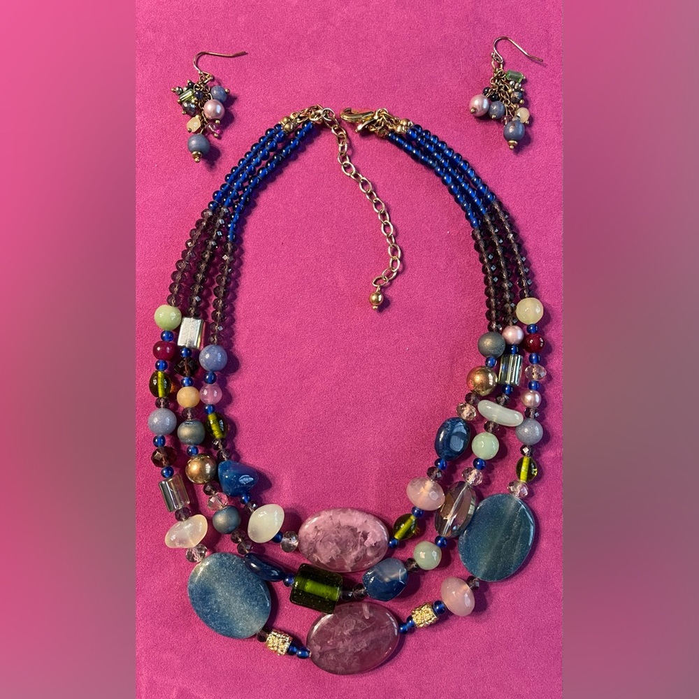 Chicos 3 Layer Multicolor Lavender Blue White Gold Beaded Necklace & Earring Set